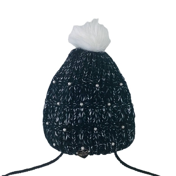 Betsey Johnson Pom Pom and Pearl Beanie Black White One Size Glam Maximalist - Picture 1 of 5